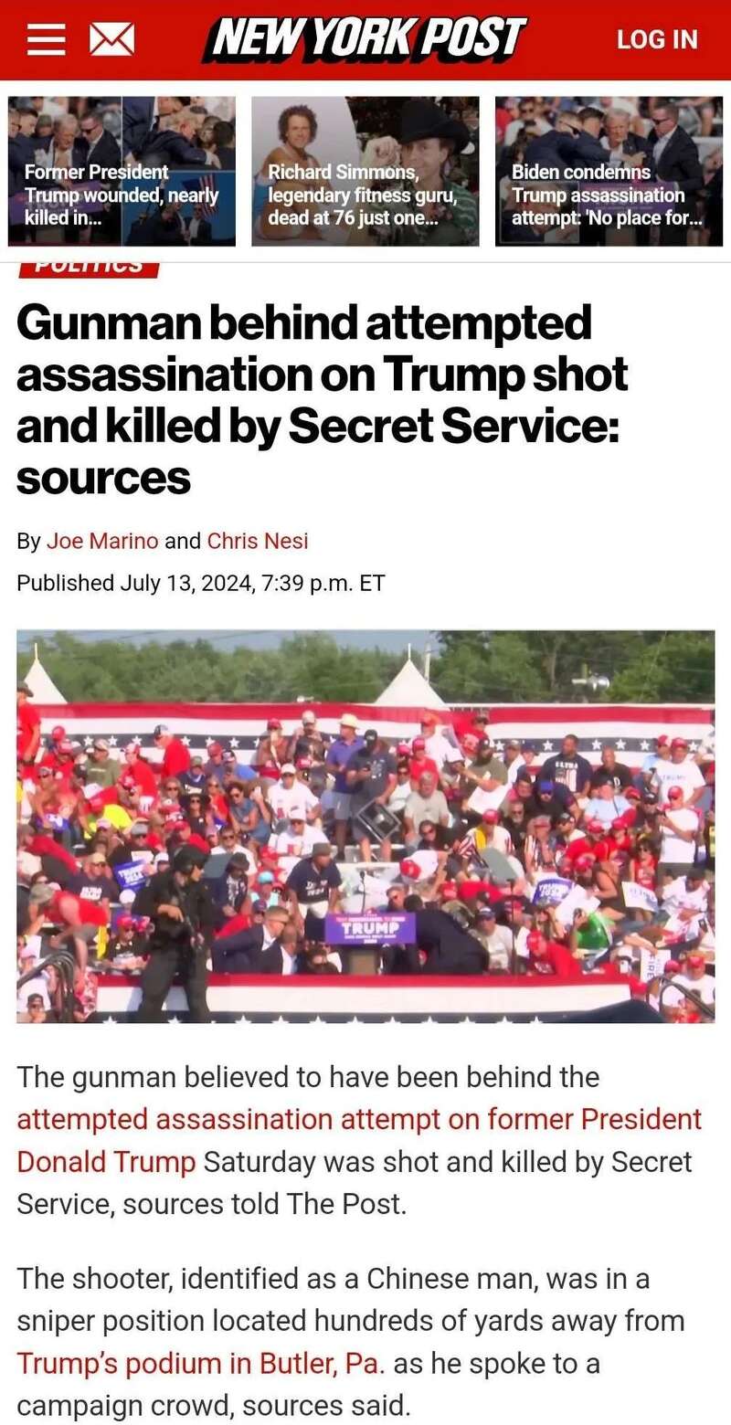 纽约邮报竟称射特朗普的枪手是中国人 又悄悄改了 纽约邮报竟称射特朗普的枪手是中国人 又悄悄改了